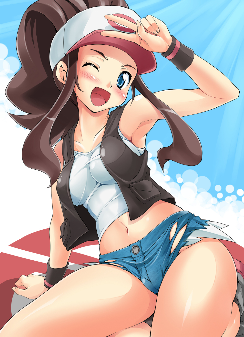 arm_support, armpits, blue_eyes, blush, breasts, brown_hair, cutoffs, denim