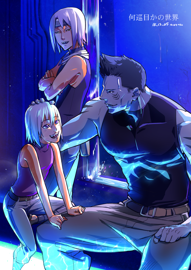 3boys, blue_hair, blue_skin, brothers, colored_skin, crossed_arms, daimon560, dark_blue_hair