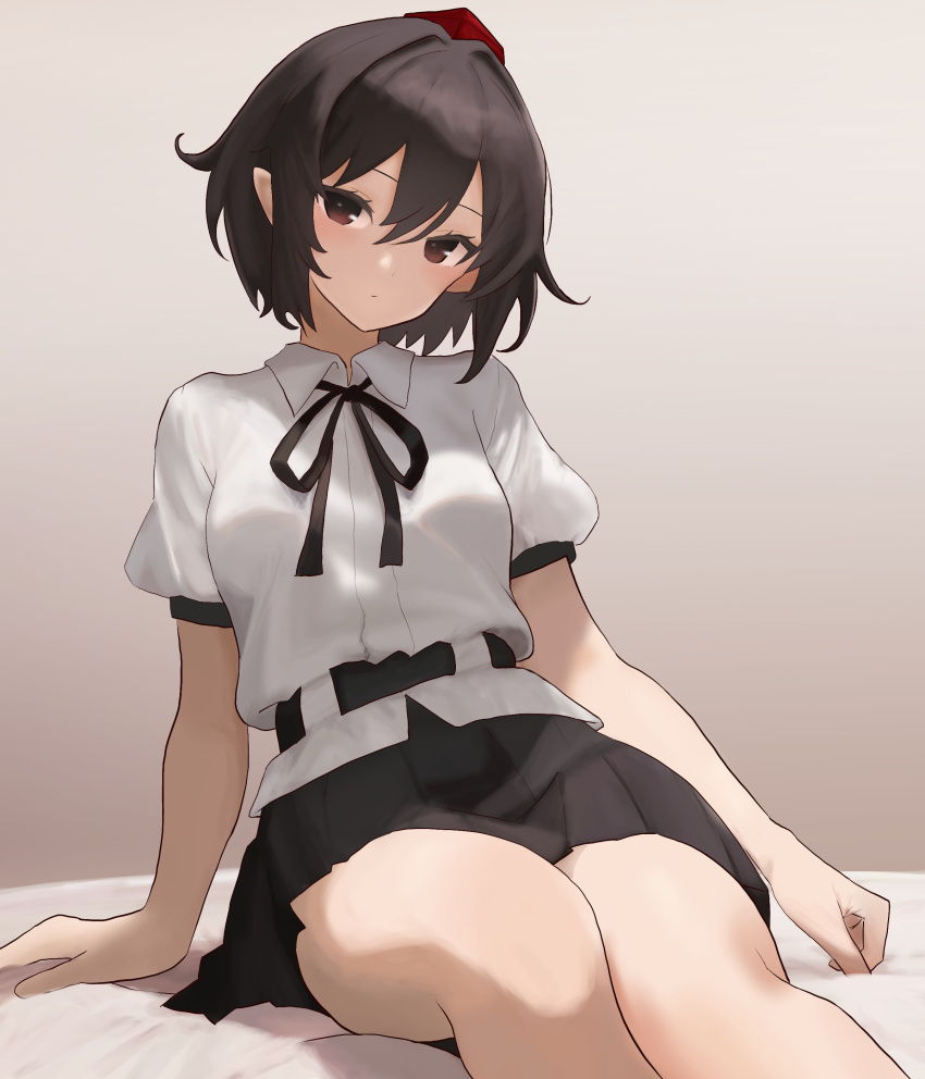 1girl, absurdres, belt, black_eyes, black_hair, black_ribbon, black_skirt, closed_mouth