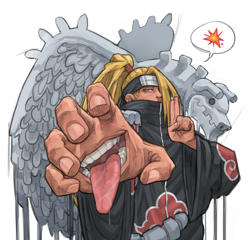 1boy, akatsuki_uniform, blonde_hair, bruniosktch, deidara_(naruto), english_commentary, explosion, extra_mouth