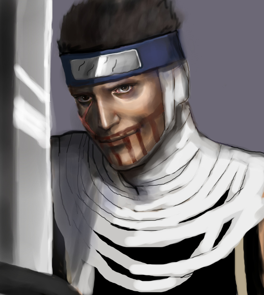 1boy, bandages, biwa_juuzou, black_hair, brown_eyes, closed_mouth, dark_skin, dearamelai, facial_mark, forehead_protector, highres, holding, holding_weapon, naruto, naruto_(series), naruto_shippuuden, realistic, scar, scar_on_cheek, scar_on_face, short_hair, smile, spiky_hair, sword, weapon