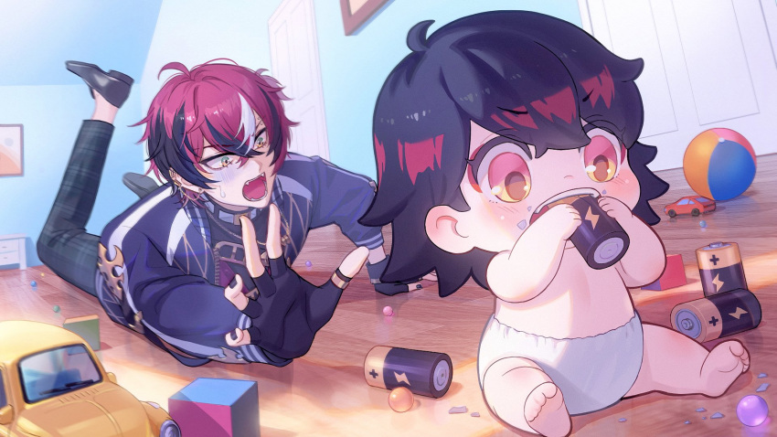 2boys, aged_down, ahoge, ball, battery, black_footwear, black_gloves, black_hair
