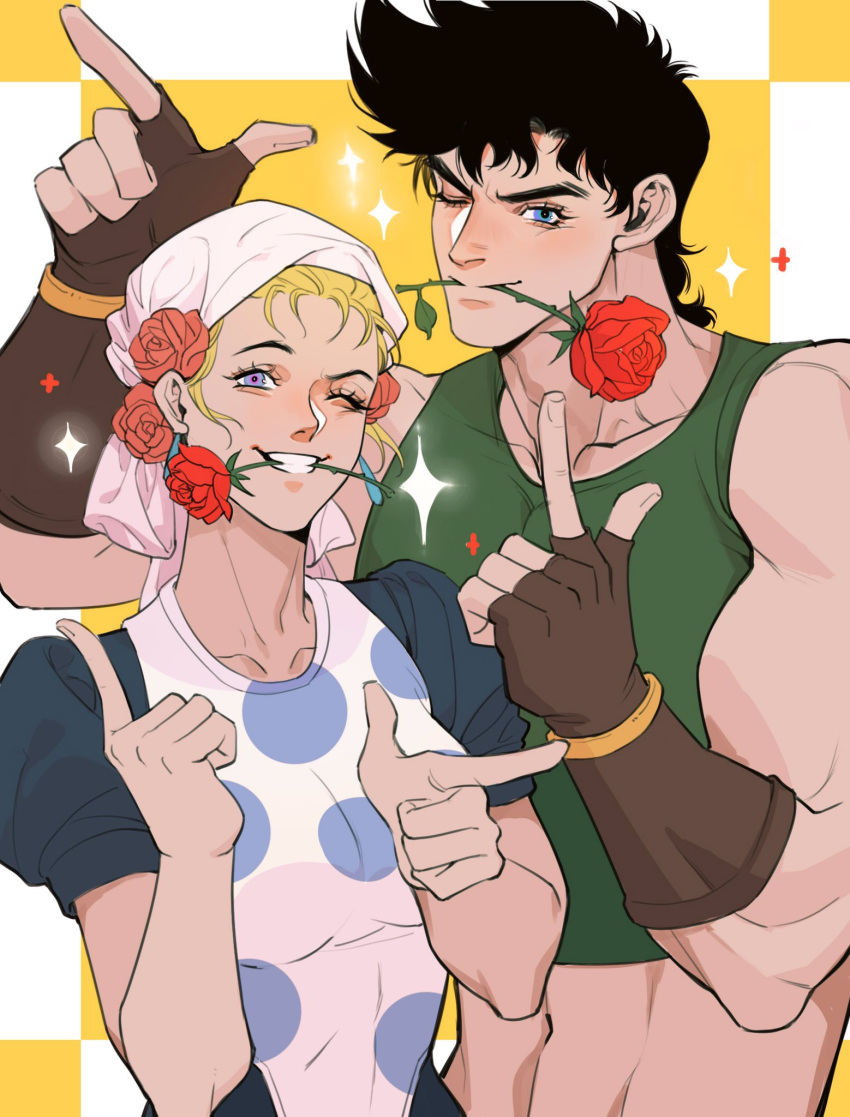 1boy, 1girl, apron, bandana, bare_shoulders, battle_tendency, biceps, black_hair