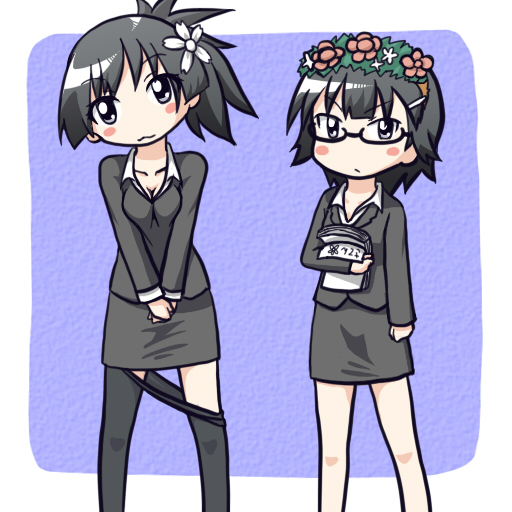 alternate_hairstyle, bespectacled, black_eyes, blush_stickers, flower, formal, glasses, hair_flower