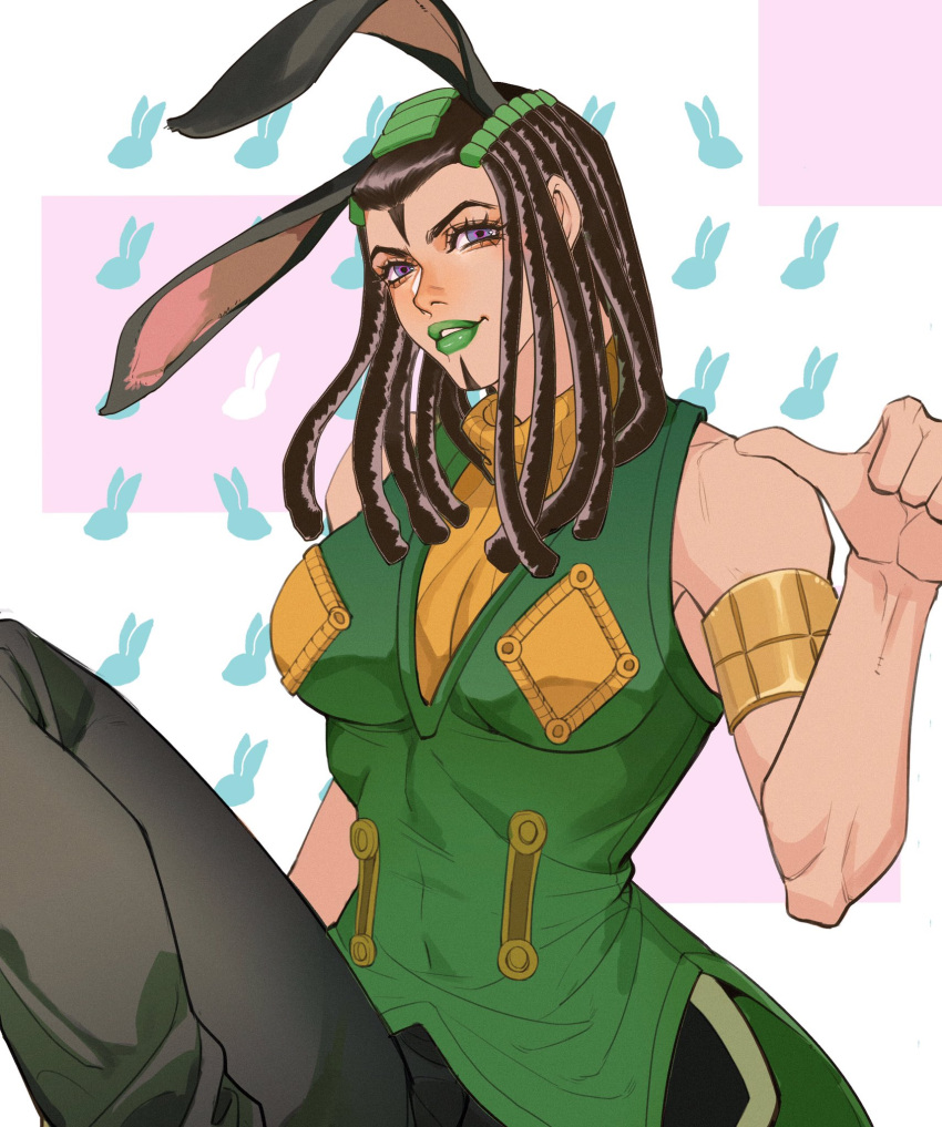 animal_ears, animal_print, armband, black_hair, breasts, double_bun, dreadlocks, ermes_costello