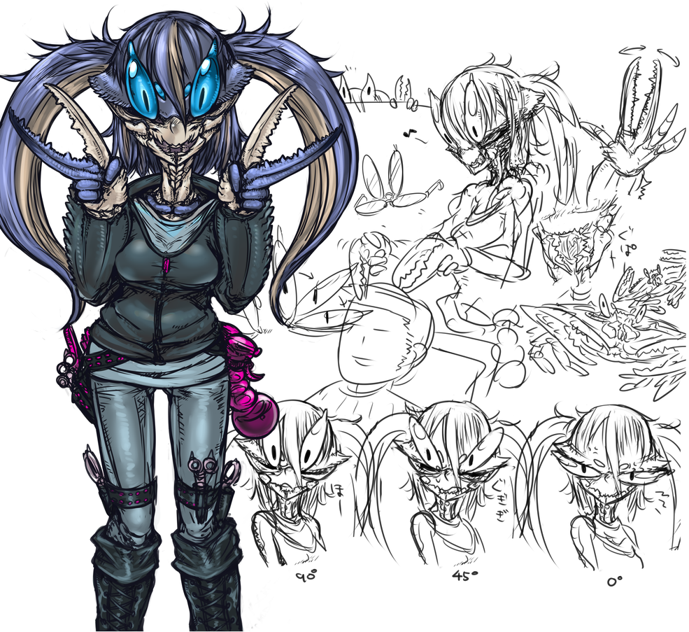 blue_hair, breasts, claws, crab, jeans, monster_girl, multicolored_hair, spray_bottle