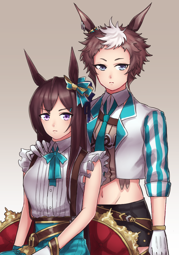 2girls, animal_ears, black_shorts, bow, bowtie, brown_hair, collared_shirt, frilled_shirt