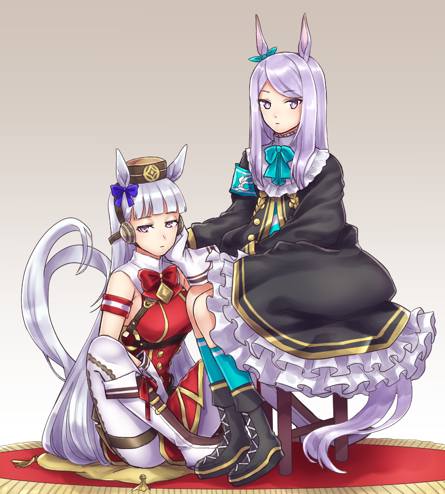 2girls, animal_ears, black_footwear, blue_bow, blunt_bangs, boots, bow, bowtie