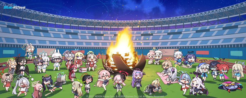 <|>_<|>, 6+girls, :d, @_@, absurdres, akari_(blue_archive), ako_(blue_archive), angry, animal_ears, ayane_(blue_archive), azusa_(blue_archive), beret, black_hair, black_headwear, black_one-piece_swimsuit, black_wings, blonde_hair, blue_archive, blue_eyes, blush, bonfire, bow, can, cheerleader, chibi, chihiro_(blue_archive), chinatsu_(blue_archive), competition_swimsuit, dog_ears, dog_girl, dog_tail, donmin_h, drooling, face_down, feathered_wings, fire, food, graffiti, grey_hair, hair_bow, hair_ornament, hair_ribbon, hairband, halo, hanako_(blue_archive), hare_(blue_archive), haruna_(blue_archive), hasumi_(blue_archive), hasumi_(track)_(blue_archive), hat, head_wings, helmet, hibiki_(blue_archive), hibiki_(cheer_squad)_(blue_archive), hifumi_(blue_archive), highleg, highleg_swimsuit, highres, hina_(blue_archive), holding, holding_can, holding_pom_poms, horns, hoshino_(blue_archive), iori_(blue_archive), izumi_(blue_archive), junko_(blue_archive), junsuina_fujunbutsu, koharu_(blue_archive), kotama_(blue_archive), kotori_(blue_archive), kotori_(cheer_squad)_(blue_archive), leaf, leaf_on_head, log, long_hair, long_sleeves, lying, maki_(blue_archive), mari_(blue_archive), mari_(track)_(blue_archive), military_helmet, millennium_cheerleader_outfit_(blue_archive), miyako_(blue_archive), miyu_(blue_archive), moe_(blue_archive), multiple_girls, night, noa_(blue_archive), nonomi_(blue_archive), official_alternate_costume, official_art, on_stomach, one-piece_swimsuit, open_mouth, pink_hair, pom_pom_(cheerleading), purple_hair, redhead, ribbon, saki_(blue_archive), sena_(blue_archive), serika_(blue_archive), serina_(blue_archive), shiroko_(blue_archive), short_hair, sitting, skewer, skirt, sky, smile, spray_can, spray_paint, spraying, stadium, swimsuit, tail, twintails, utaha_(blue_archive), utaha_(cheer_squad)_(blue_archive), white_hair, white_helmet, winged_hat, wings, wood, yellow_eyes, yellow_halo, yuuka_(blue_archive), yuuka_(track)_(blue_archive)