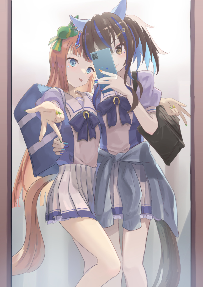 2girls, :p, absurdres, animal_ears, bag, blue_eyes, blue_hair, bow, bowtie, brown_hair, cellphone, clothes_around_waist, commentary, daitaku_helios_(umamusume), ear_covers, feet_out_of_frame, frilled_skirt, frills, gyaru, haruishi_(hruishid), highres, hime_cut, holding, holding_phone, horse_ears, horse_girl, horse_tail, horseshoe_ornament, long_hair, mirror, multicolored_hair, multiple_girls, orange_hair, phone, pleated_skirt, puffy_short_sleeves, puffy_sleeves, purple_bow, purple_bowtie, purple_serafuku, purple_shirt, sailor_collar, sailor_shirt, school_bag, school_uniform, selfie, serafuku, shirt, short_sleeves, silence_suzuka_(umamusume), skirt, smartphone, streaked_hair, sweater, sweater_around_waist, tail, tongue, tongue_out, tracen_school_uniform, two-tone_hair, umamusume, white_skirt, yellow_eyes