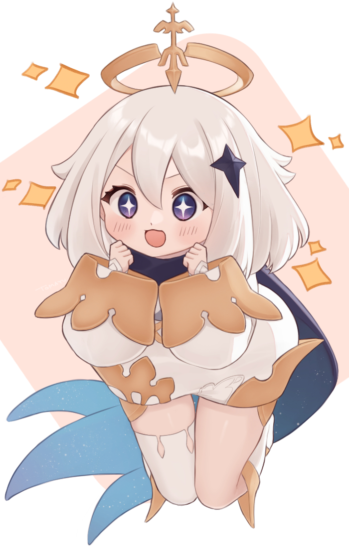 1girl, 7mb_yut, :d, asymmetrical_legwear, clenched_hands, dot_nose, floating, forehead, genshin_impact, gold_trim, hair_between_eyes, halo, long_sleeves, open_mouth, paimon_(genshin_impact), simple_background, skirt, smile, solo, sparkle, sparkling_eyes, symbol-shaped_pupils, v-shaped_eyebrows, vision_(genshin_impact), white_background, white_footwear, white_hair, wide_sleeves