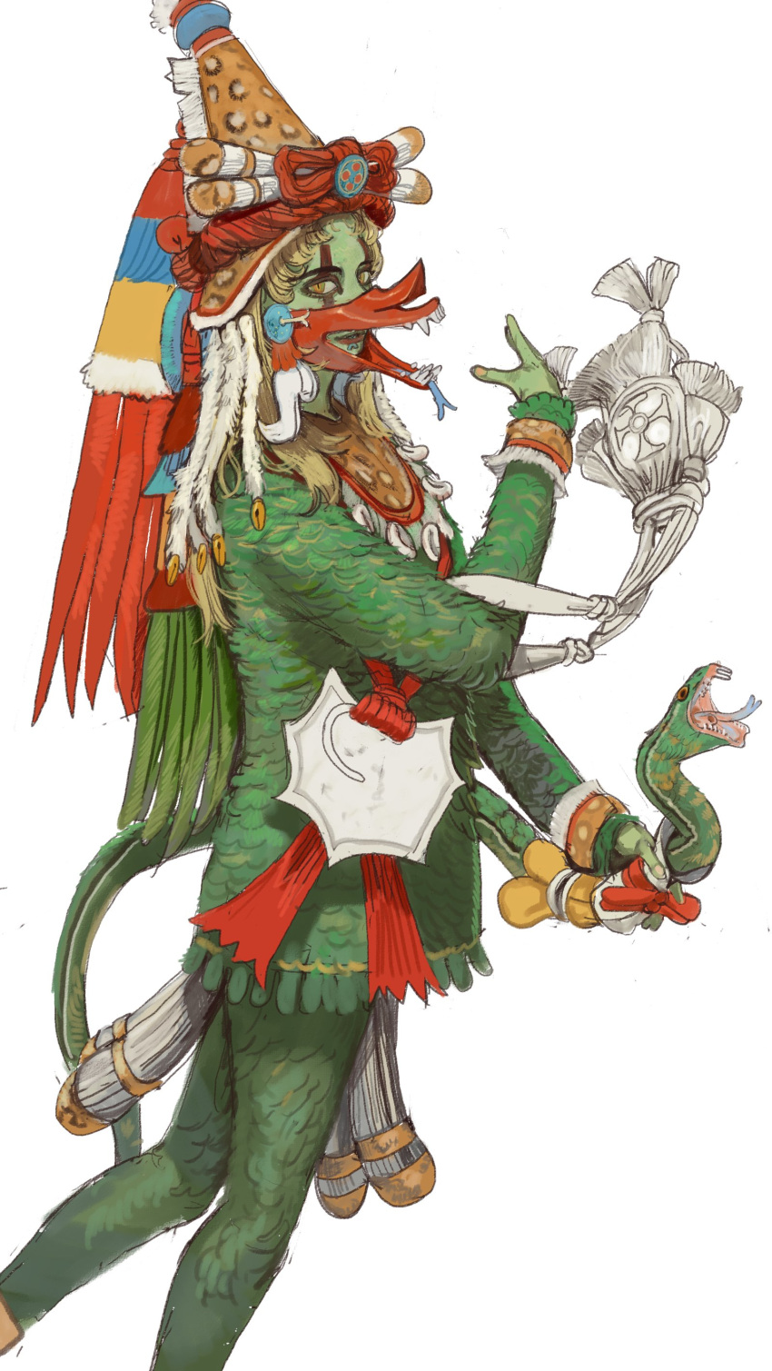 1boy, absurdres, aztec, aztec_mythology, blonde_hair, colored_skin, ehecatl, facepaint