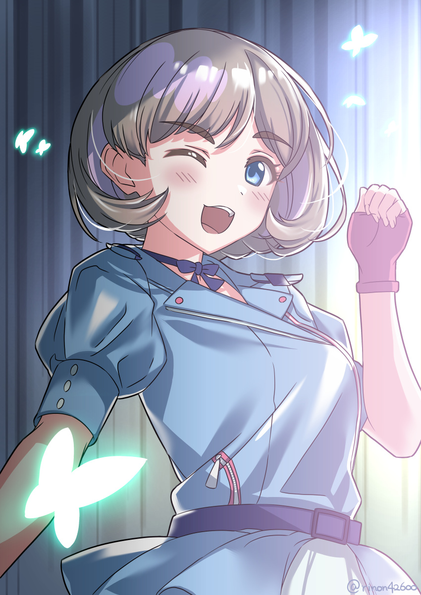 1girl, :d, absurdres, belt, blue_belt, blue_choker, blue_eyes, blue_jacket