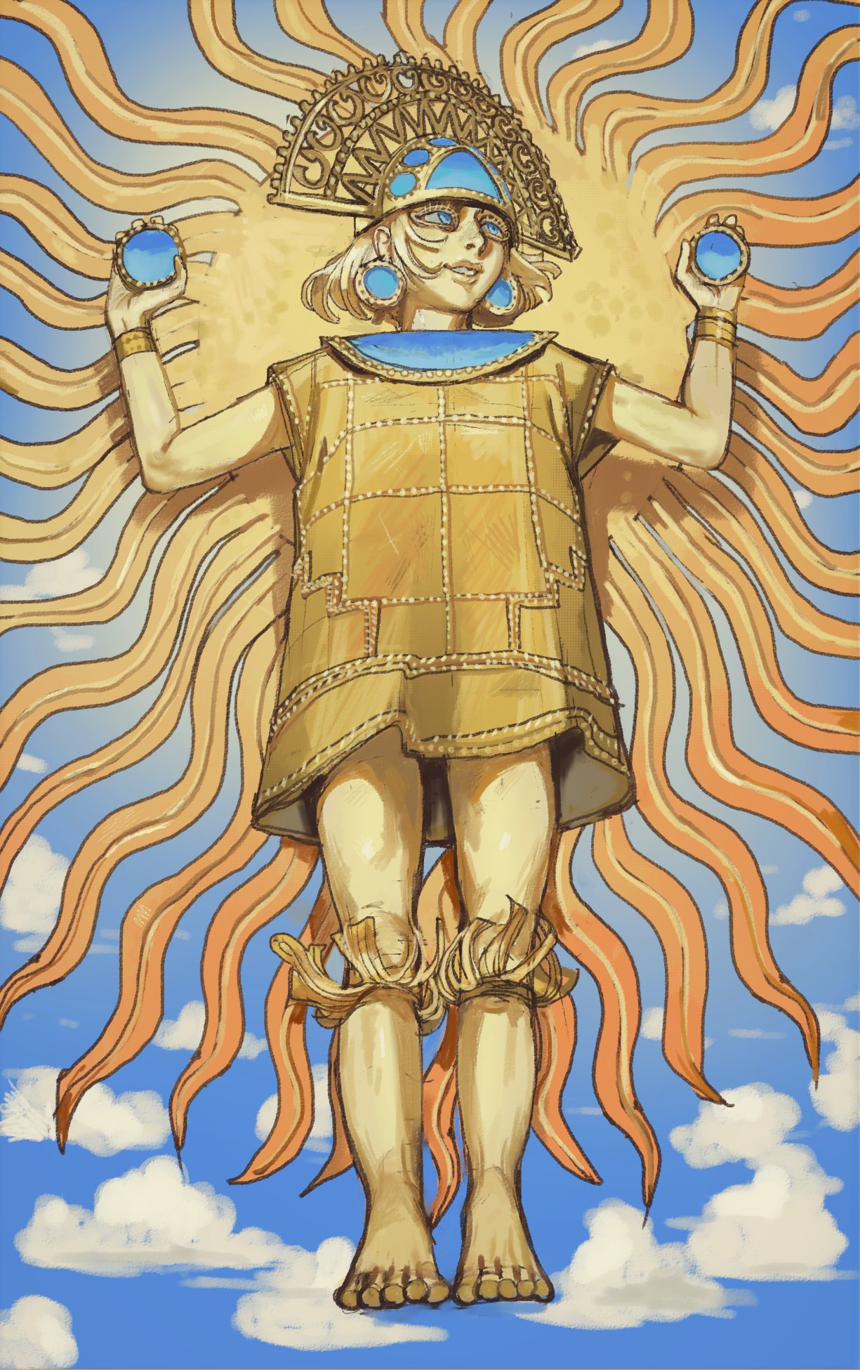 1boy, barefoot, blonde_hair, blue_sky, bob_cut, clouds, cloudy_sky, gold, gold_skin, headdress, highres, holding, incan, incan_mythology, inti, mossacannibalis, pale_skin, robe, short_hair, sky, sun