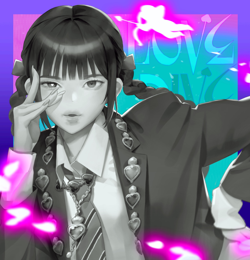 076kim, 1girl, absurdres, blazer, border, braid, collared_shirt, greyscale_with_colored_background
