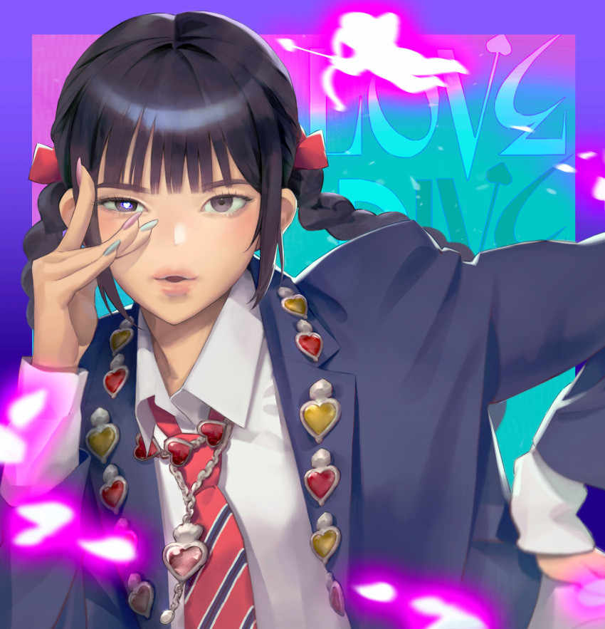 076kim, 1girl, absurdres, black_eyes, black_hair, blazer, blue_jacket, blue_nails
