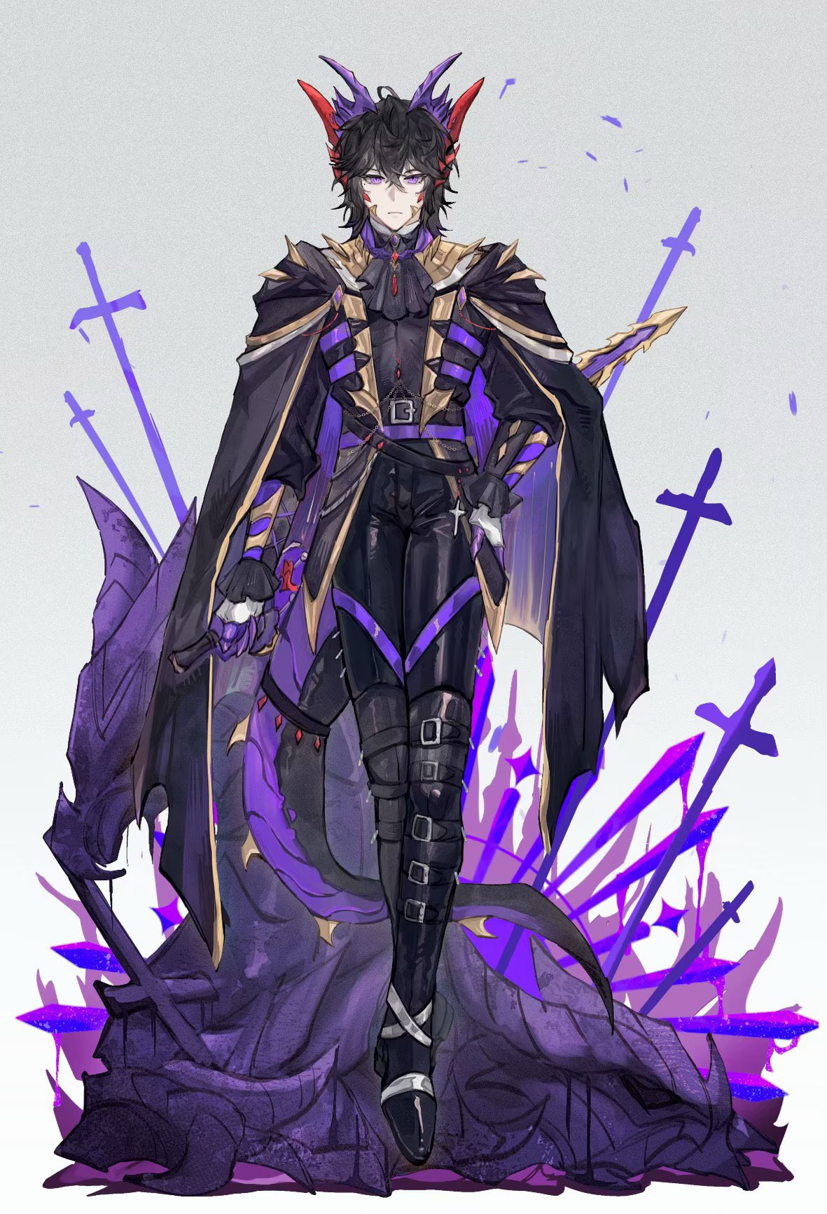 1boy, adapted_costume, ankokuken_kurayami, black_cape, black_footwear, black_gloves, black_tail, boots