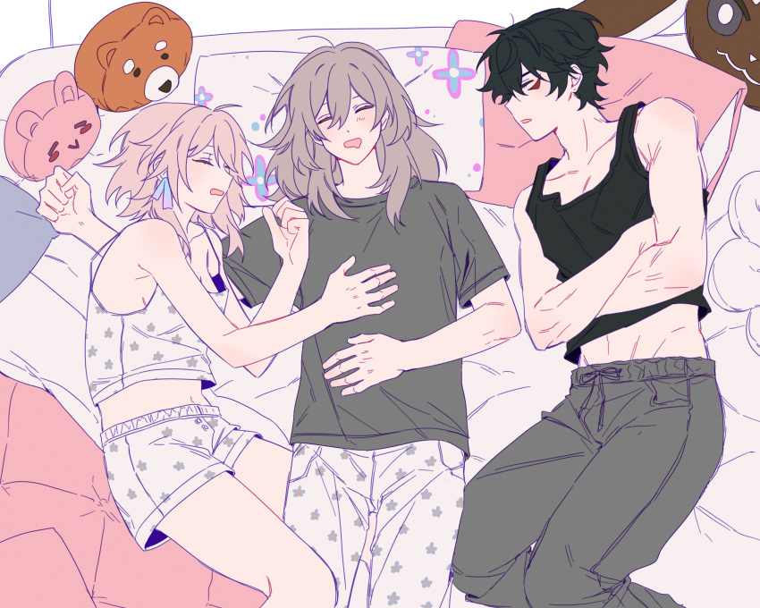 1boy, 2girls, absurdres, bed_sheet, black_hair, black_tank_top, blush, closed_eyes
