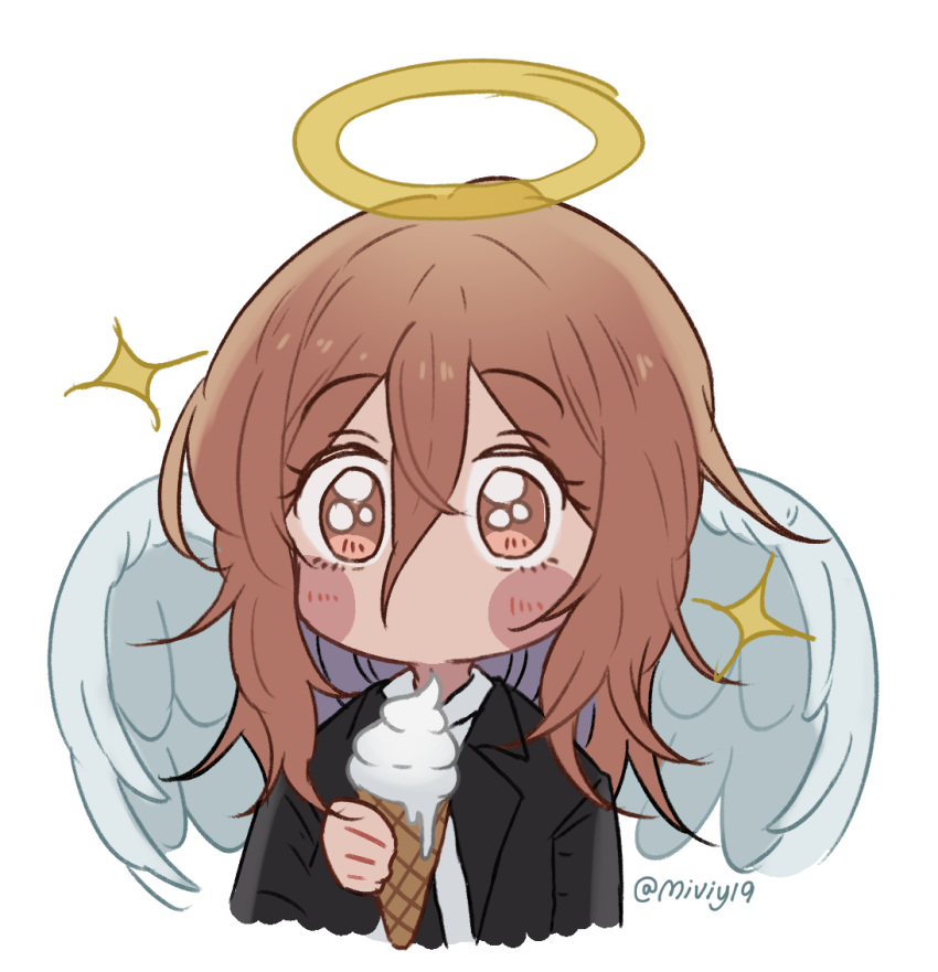 1boy, angel_devil_(chainsaw_man), angel_wings, black_jacket, black_necktie, blazer, blush, brown_eyes