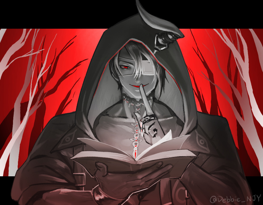 1boy, aragami_oga, bare_tree, book, claw_ring, collar, collarbone, dark-skinned_male