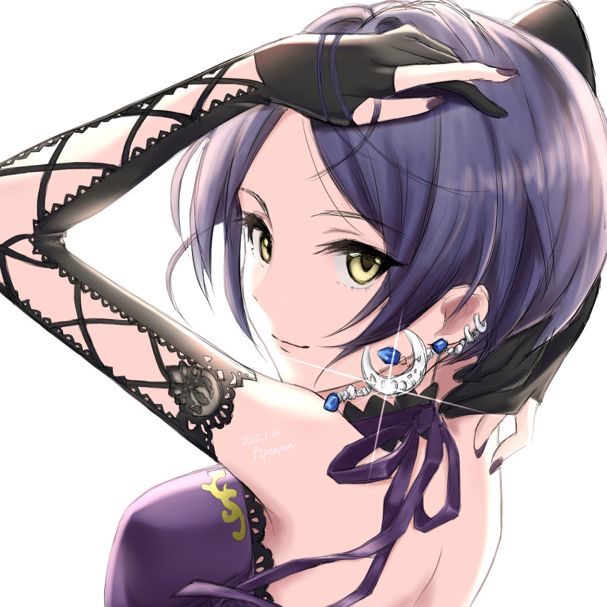 1girl, 92penpen, arm_up, back, blue_hair, dark_blue_hair, derivative_work, ear_piercing, earrings, fingerless_gloves, frills, gloves, hayami_kanade, highres, idolmaster, idolmaster_cinderella_girls, idolmaster_cinderella_girls_starlight_stage, jewelry, long_sleeves, nail_polish, nape, piercing, short_hair, sketch, yellow_eyes