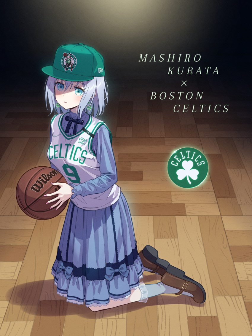 1girl, ball, bang_dream!, baseball_cap, basketball_(object), basketball_jersey, black_bow, blue_bow, blue_dress, blue_eyes, blue_hair, blue_socks, blush, boston_celtics, bow, brown_footwear, collared_dress, dress, frilled_socks, frills, green_headwear, hat, highres, holding, holding_ball, kneeling, kurata_mashiro, logo, looking_at_viewer, nail_polish, national_basketball_association, new_era, parted_lips, pink_nails, shirt, shoes, short_hair, socks, solo, white_shirt, yazawa_happyaro
