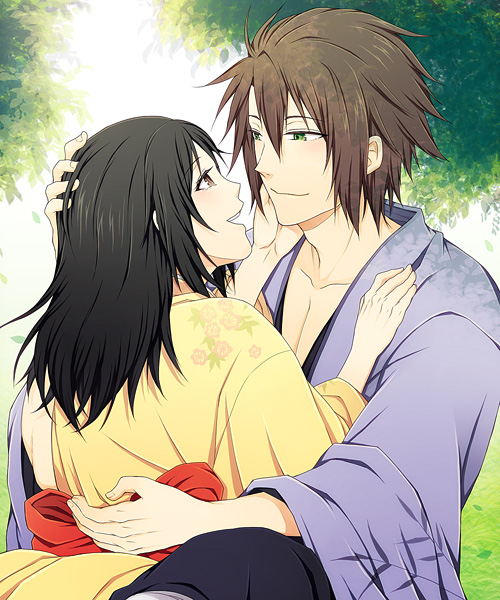 1girl, black_hair, blush, brown_eyes, brown_hair, couple, green_eyes, hakuouki_shinsengumi_kitan, happy, holding, hug, japanese_clothes, kimono, long_hair, male, okita_souji_(hakuouki), open_mouth, petting, short_hair, sitting, smile, topon_(dallar), toppe, yukimura_chizuru