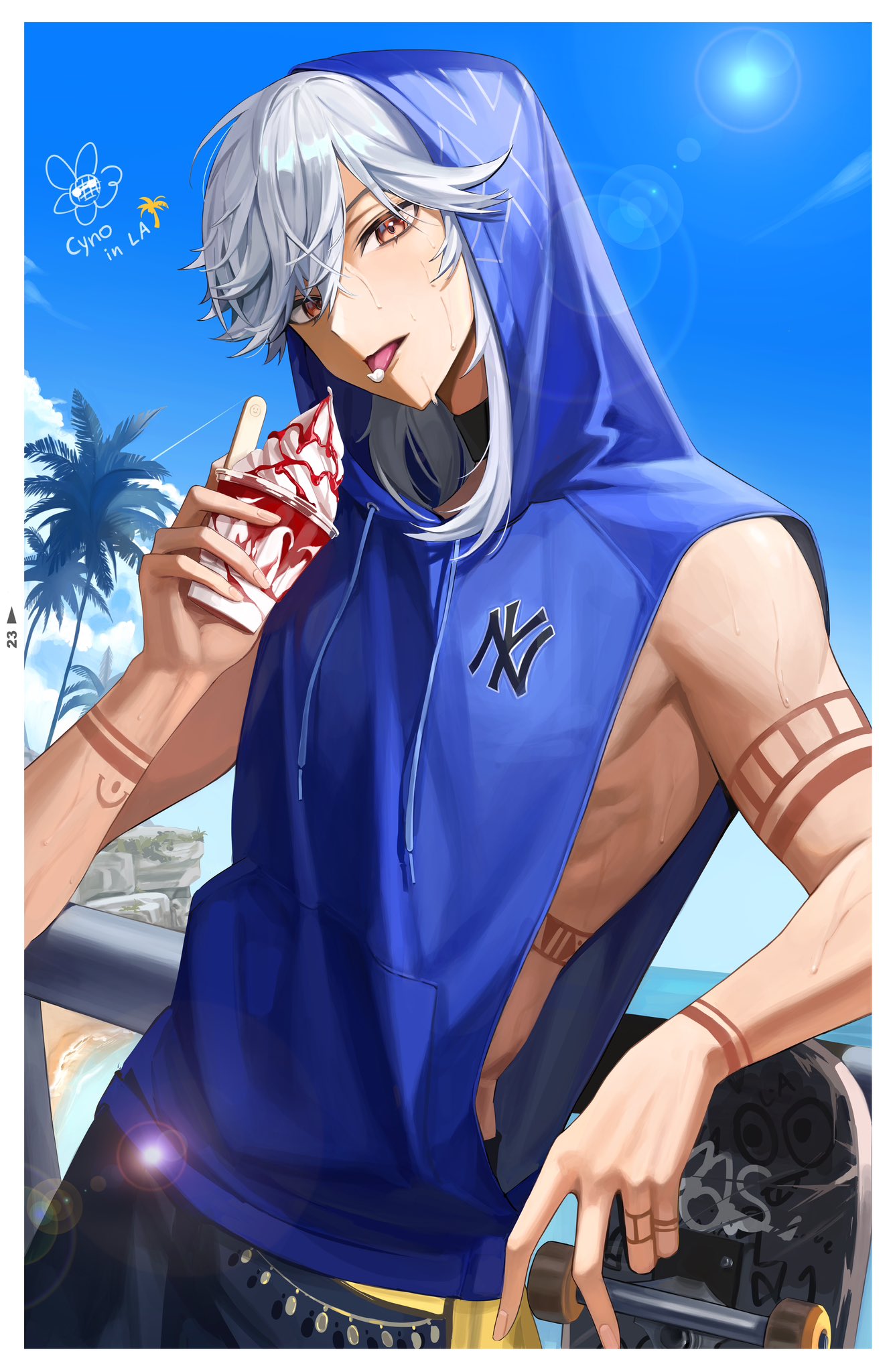 1boy, alternate_costume, arm_tattoo, black_pants, blue_hoodie, cyno_(genshin_impact), dark-skinned_male, dark_skin