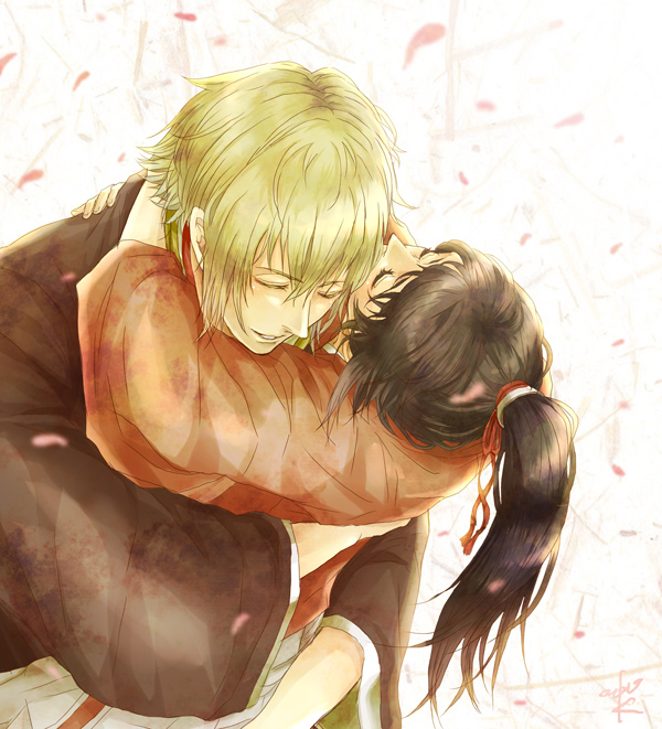 1girl, bad_id, blonde_hair, chikage_kazama, closed_eyes, couple, hakuouki_shinsengumi_kitan, hollyhock-wvk, hug, japanese_clothes, petals, ponytail, yukimura_chizuru