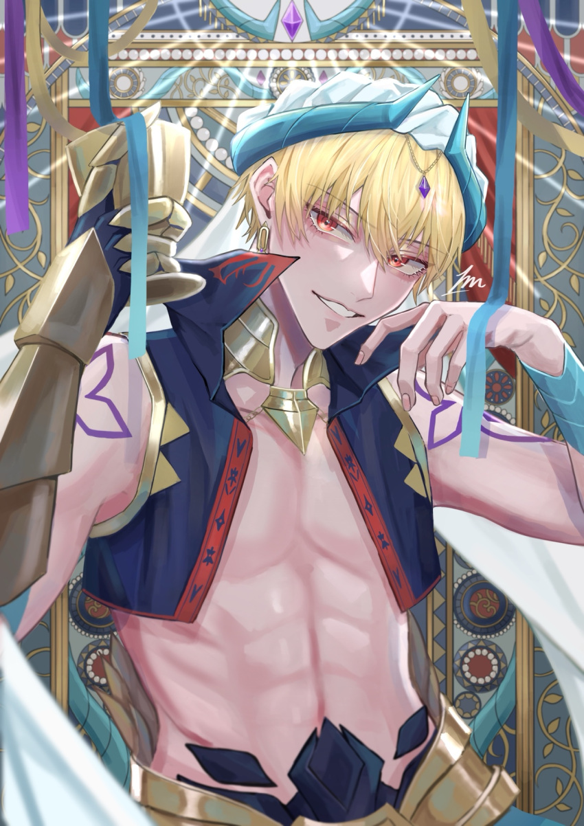 1boy, abs, bare_pectorals, blonde_hair, cropped_vest, cup, earrings, fate/grand_order