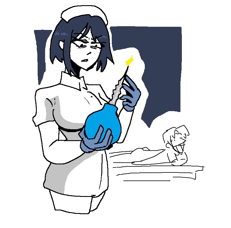 1boy, 1girl, blue_hair, breasts, collared_dress, cowboy_shot, dress, enema