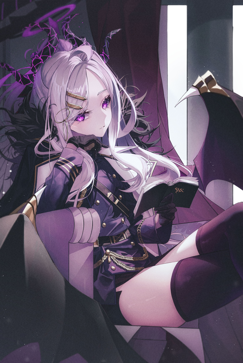 1girl, absurdres, ahoge, arm_support, armchair, belt, black_coat, black_gloves