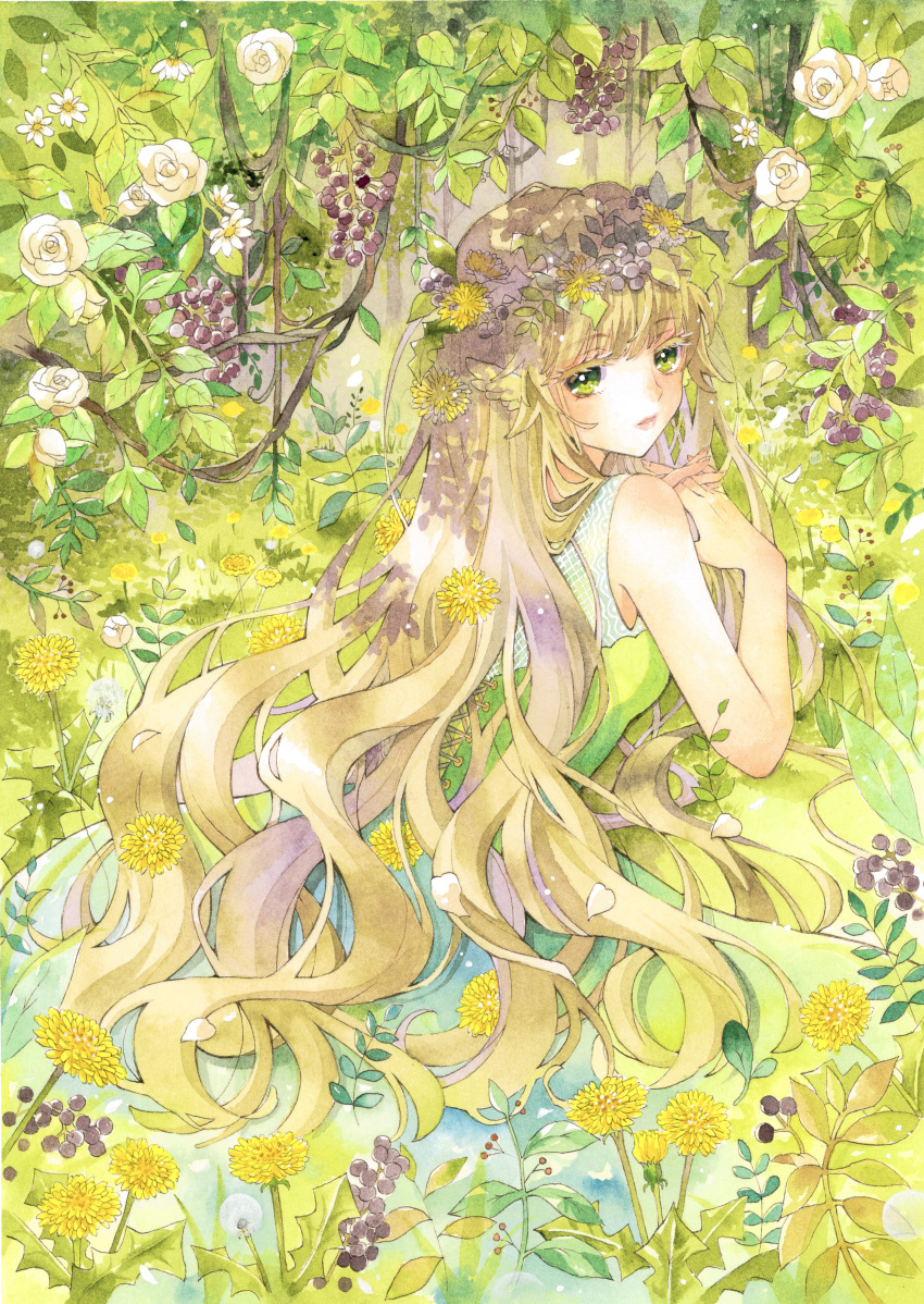 1girl, absurdres, blonde_hair, branch, chrysanthemum, colored_eyelashes, commentary_request, dandelion