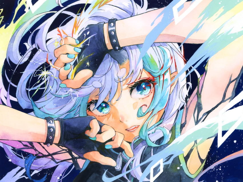 1girl, absurdres, aqua_hair, aqua_nails, arms_up, blue_background, blue_eyes, blue_gloves