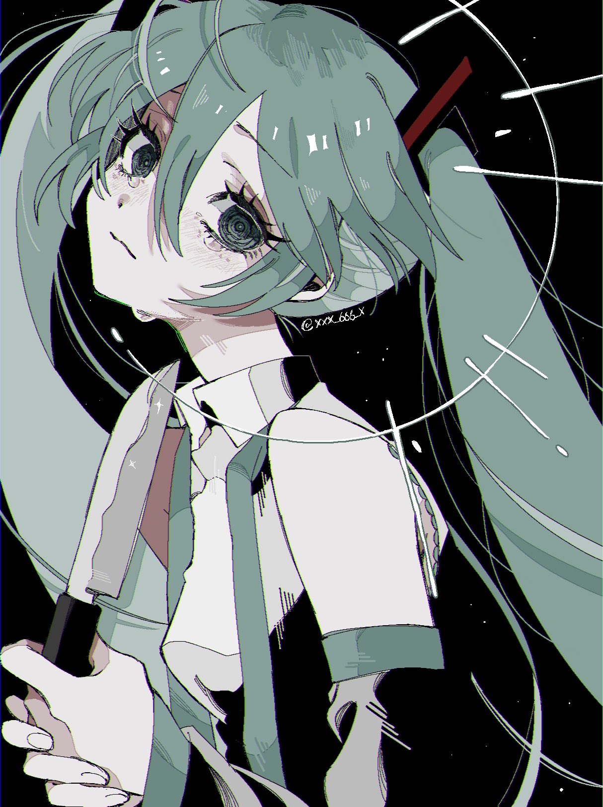 1girl, black_sleeves, blade_to_throat, commentary, crying, detached_sleeves, green_eyes, green_hair