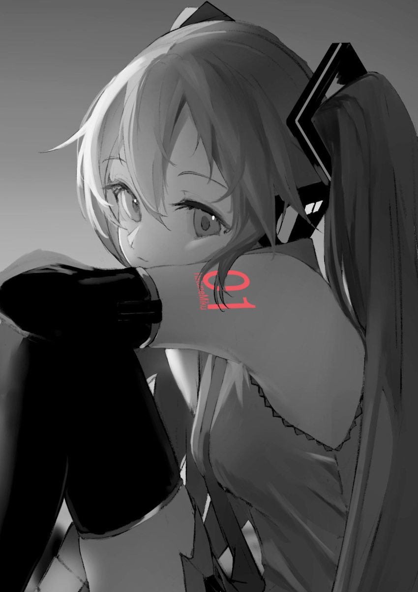 1girl, boots, detached_sleeves, hatsune_miku, headset, highres, long_hair, monochrome
