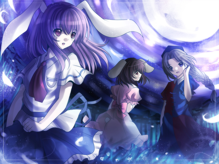 3girls, animal_ears, blue_eyes, bow, braid, brown_hair, rabbit_ears, dress