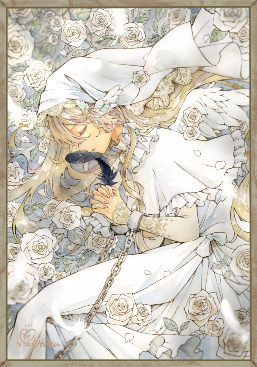 1girl, black_feathers, border, brooch, cape, chain, closed_eyes, cuffs