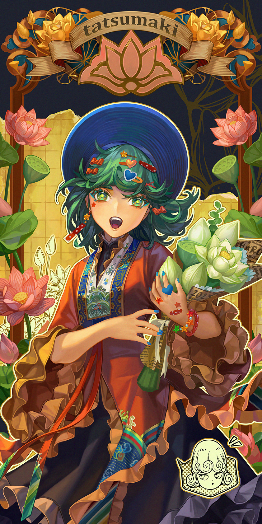 1girl, alternate_costume, black_dress, blue_nails, bouquet, bow, bracelet, character_name