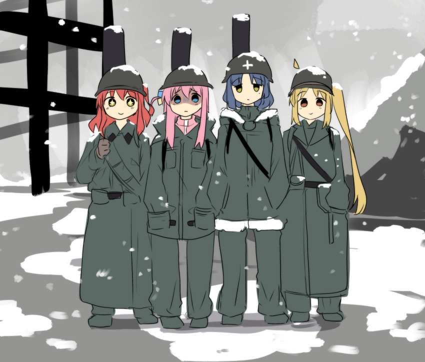+_+, 4girls, absurdres, ahoge, alternate_costume, black_hair, blonde_hair, blue_eyes