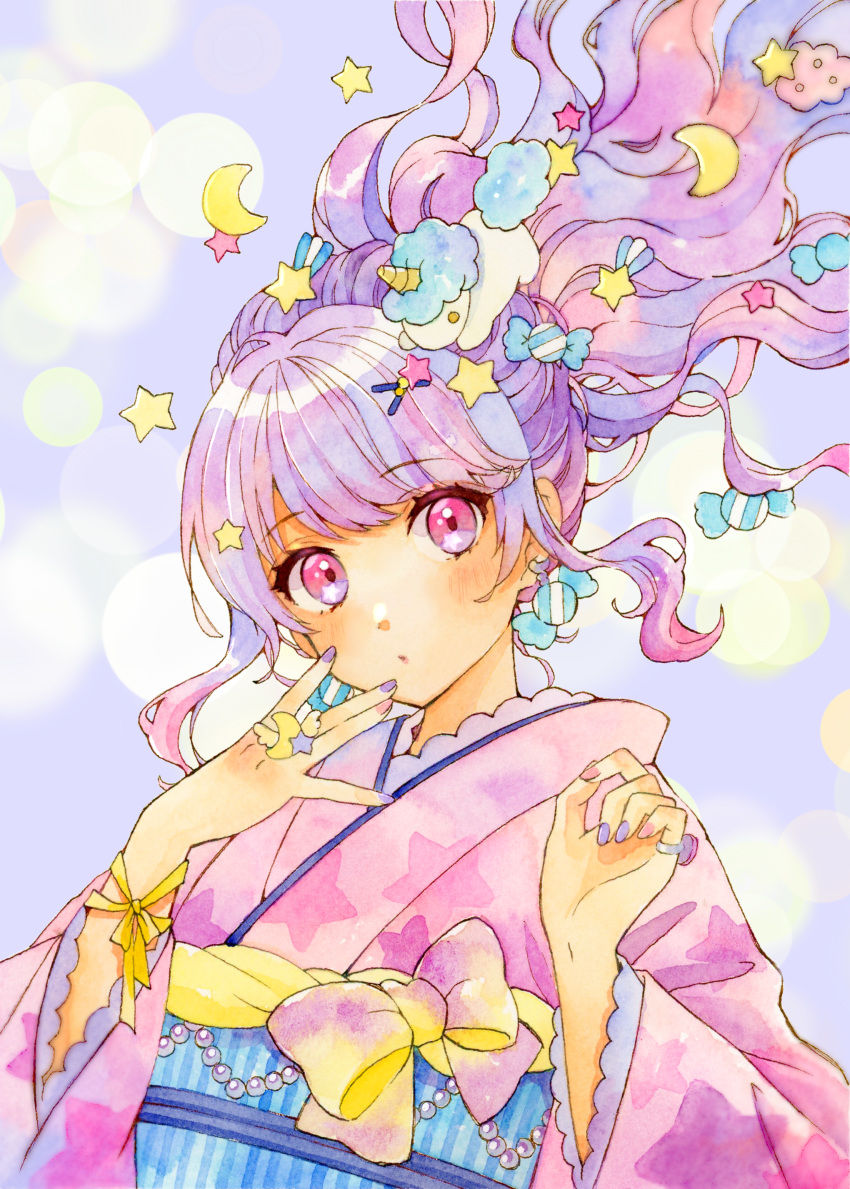 1girl, absurdres, bow, candy_earrings, commentary, crescent, earrings, fingers_to_mouth