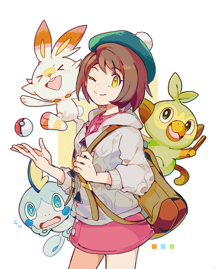 1girl, backpack, bag, bob_cut, brown_bag, brown_hair, buttons, cable_knit, cardigan, closed_mouth, collared_dress, color_guide, commentary_request, dress, gloria_(pokemon), green_headwear, grey_cardigan, grookey, hat, hooded_cardigan, kayako_(bimabima), one_eye_closed, pink_dress, poke_ball, poke_ball_(basic), pokemon, pokemon_(creature), pokemon_(game), pokemon_swsh, scorbunny, short_hair, smile, sobble, split_mouth, starter_pokemon_trio, tam_o'_shanter, yellow_eyes