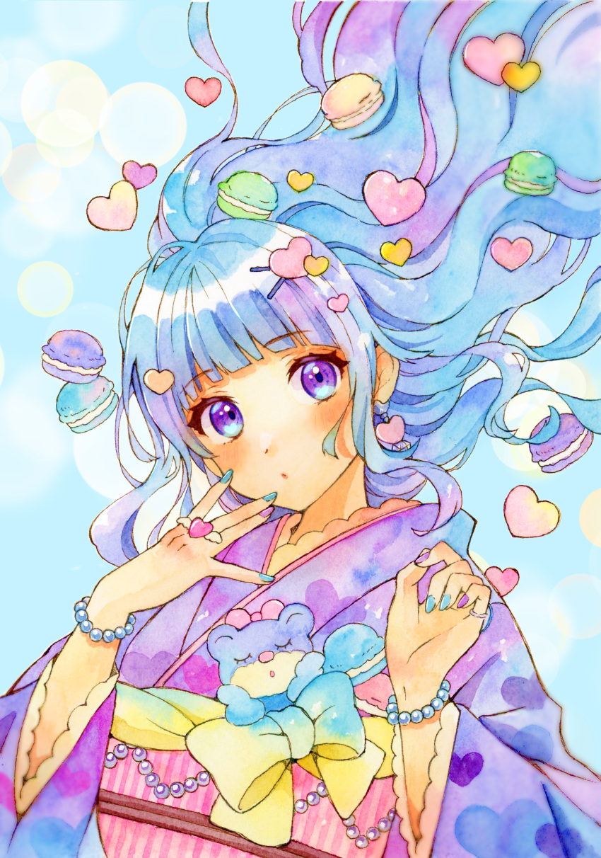 1girl, absurdres, bead_bracelet, beads, blue_background, blue_hair, blue_nails, blunt_bangs