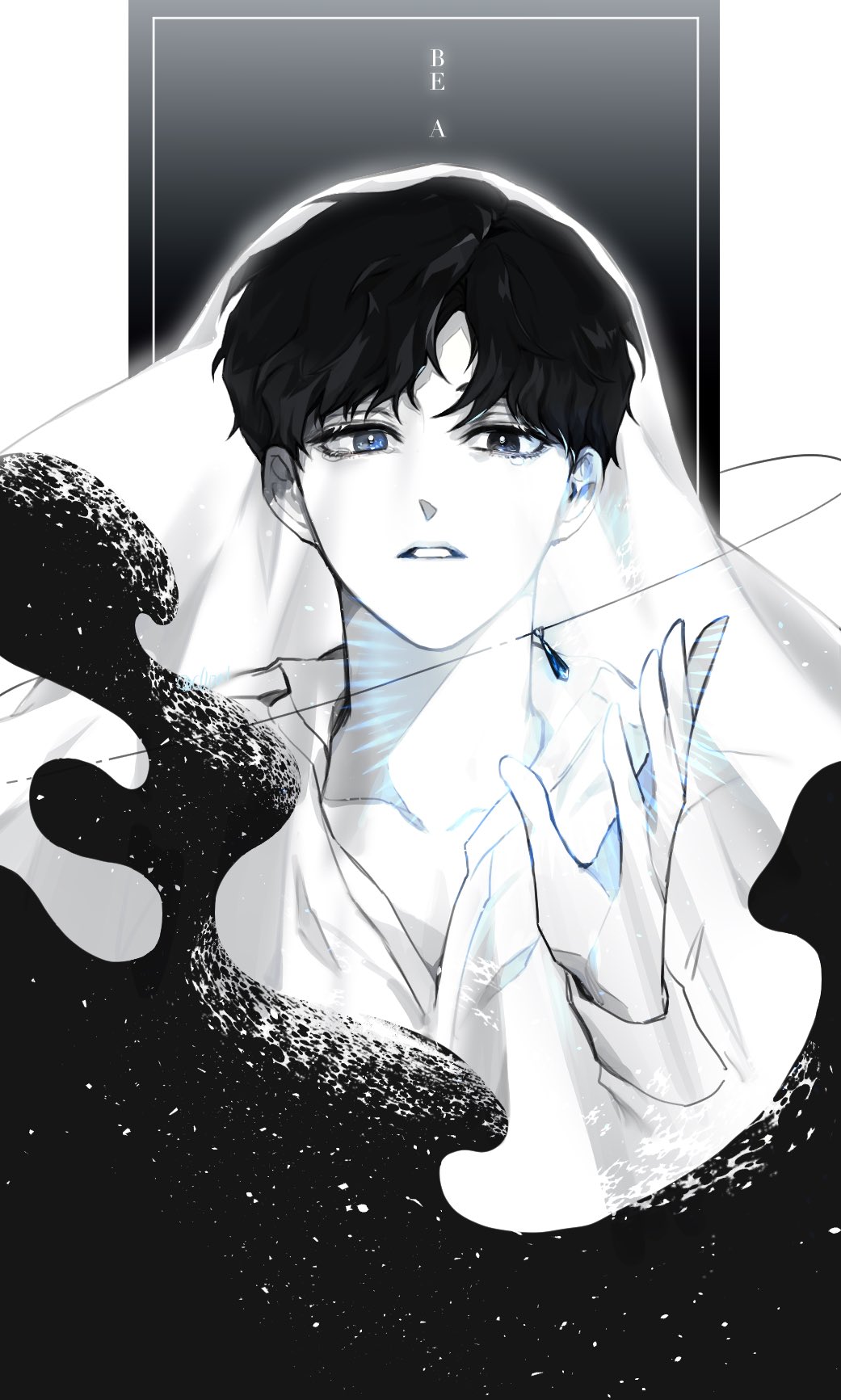 1boy, blue_eyes, c0pat, collarbone, eoduun_badaui_deungbul-i_doeeo, hand_up, heterochromia, highres