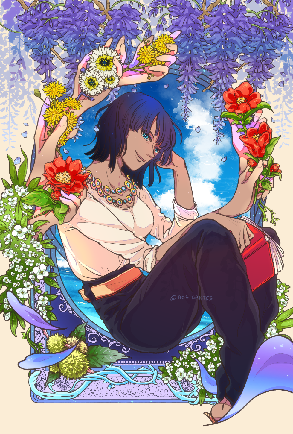 1girl, artist_name, barefoot, black_hair, blue_eyes, blue_sky, book, breasts