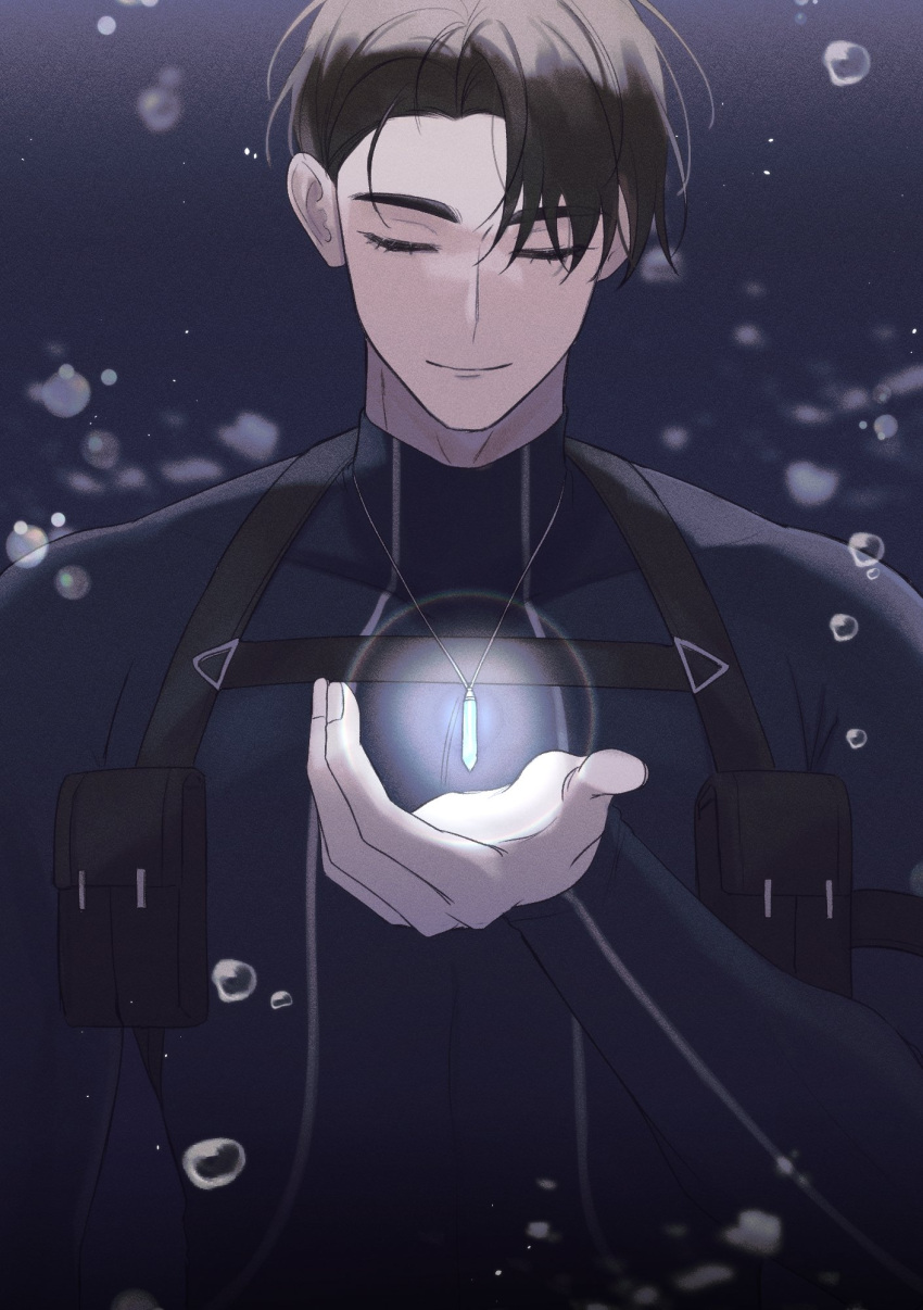 1boy, air_bubble, black_hair, blue_bodysuit, bodysuit, bubble, closed_eyes, closed_mouth