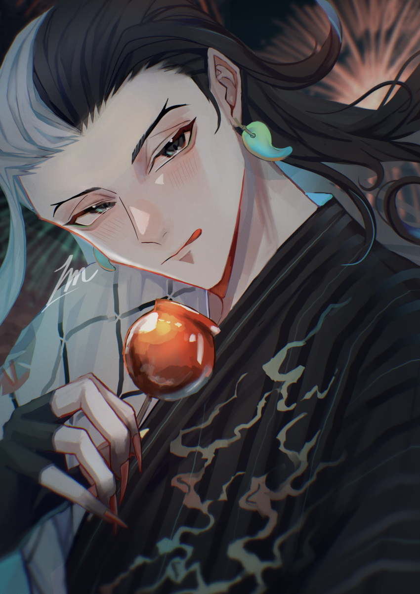 1boy, absurdres, ashiya_douman_(asagao-patterned_yukata)_(fate), ashiya_douman_(fate), black_eyes, black_gloves, black_hair, blush