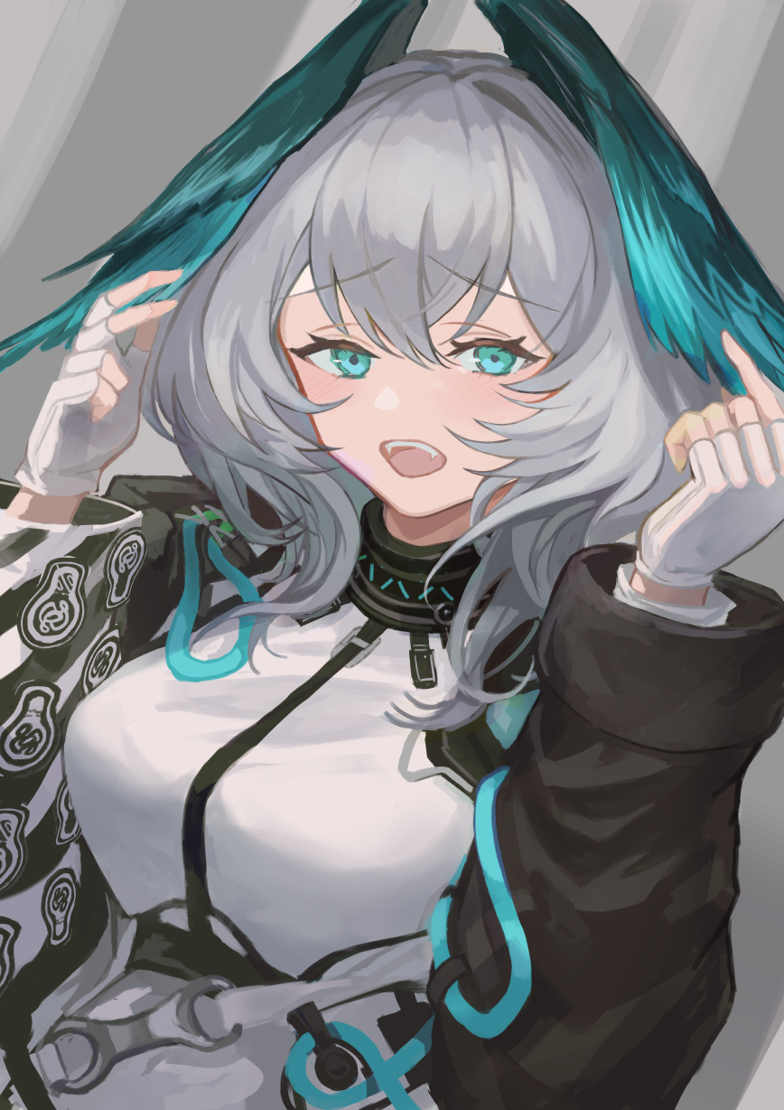 1girl, aqua_eyes, arknights, black_coat, breasts, coat, commentary_request, fangs, gloves, grey_background, grey_hair, head_wings, highres, ho'olheyak_(arknights), large_breasts, long_hair, long_sleeves, looking_at_viewer, open_clothes, open_coat, solo, teeth, touchika, upper_body, upper_teeth_only, white_gloves, wings