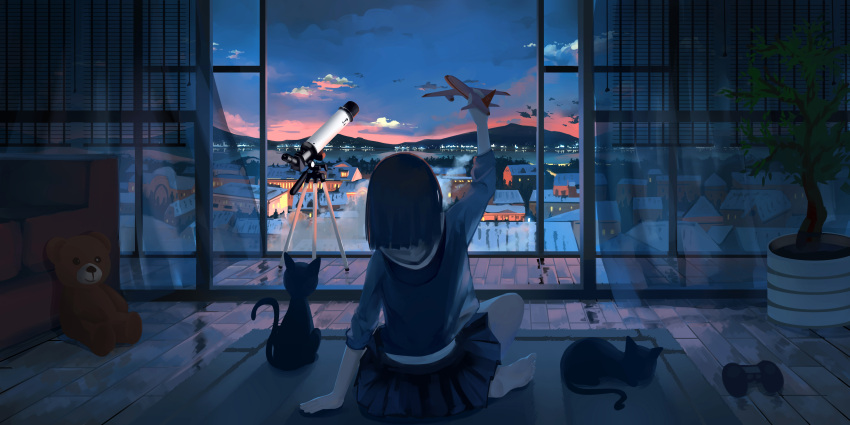 .l.l, 1girl, absurdres, arm_up, barefoot, black_hair, blinds, butterfly_sitting