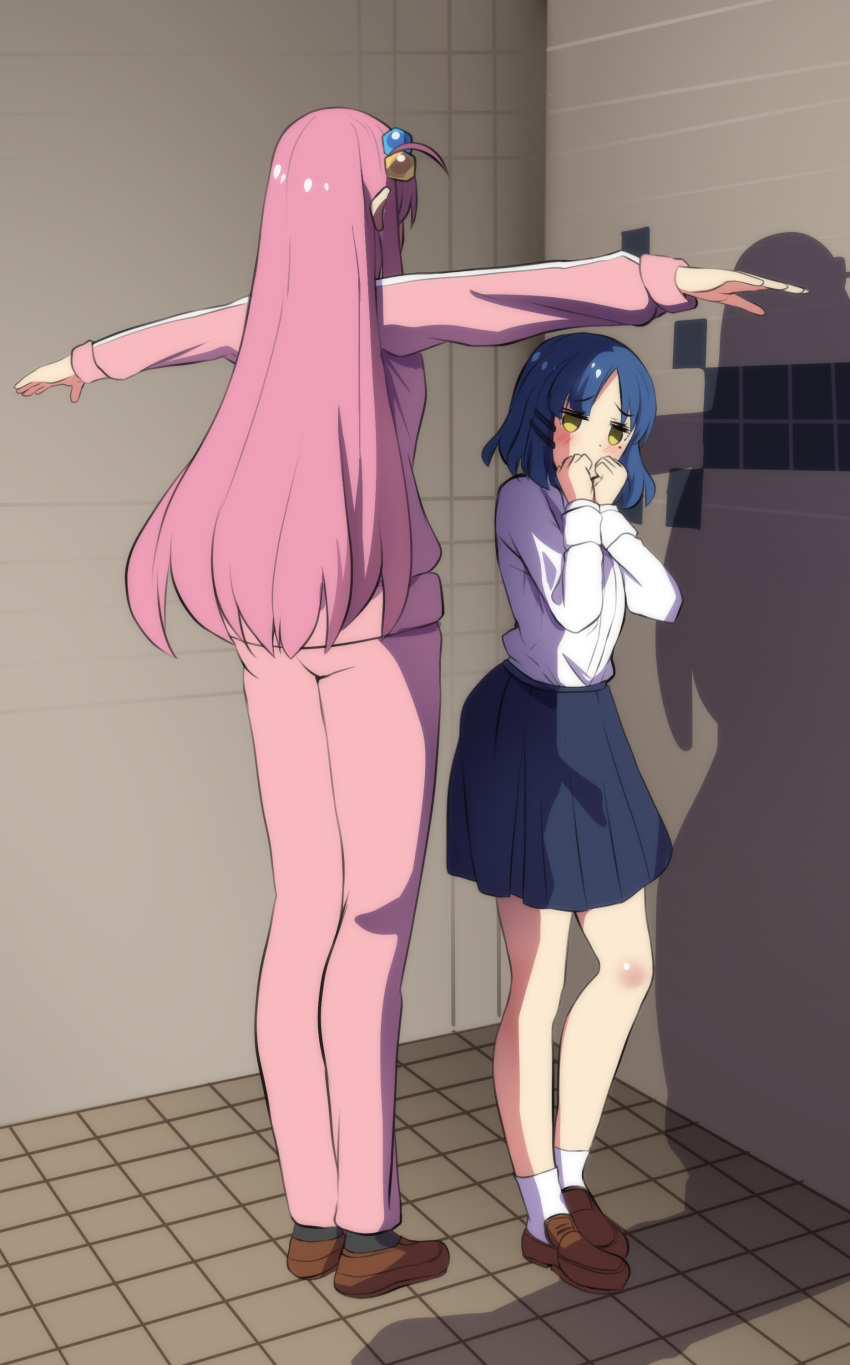 2girls, absurdres, assert_your_dominance_(meme), bathroom, black_skirt, blue_hair, blush, bocchi_the_rock!, brown_footwear, comedy, commentary, covering_mouth, cube_hair_ornament, english_commentary, full_body, gotou_hitori, hair_ornament, highres, hinghoi, jacket, loafers, long_hair, long_legs, long_sleeves, looking_at_another, meme, mole, mole_under_eye, multiple_girls, one_side_up, outstretched_arms, own_hands_together, pants, parted_bangs, pink_hair, pink_jacket, pink_pants, pleated_skirt, school_uniform, shadow, shirt, shoes, short_hair, skirt, socks, t-pose, tile_floor, tile_wall, tiles, very_long_hair, white_shirt, white_socks, yamada_ryou, yellow_eyes